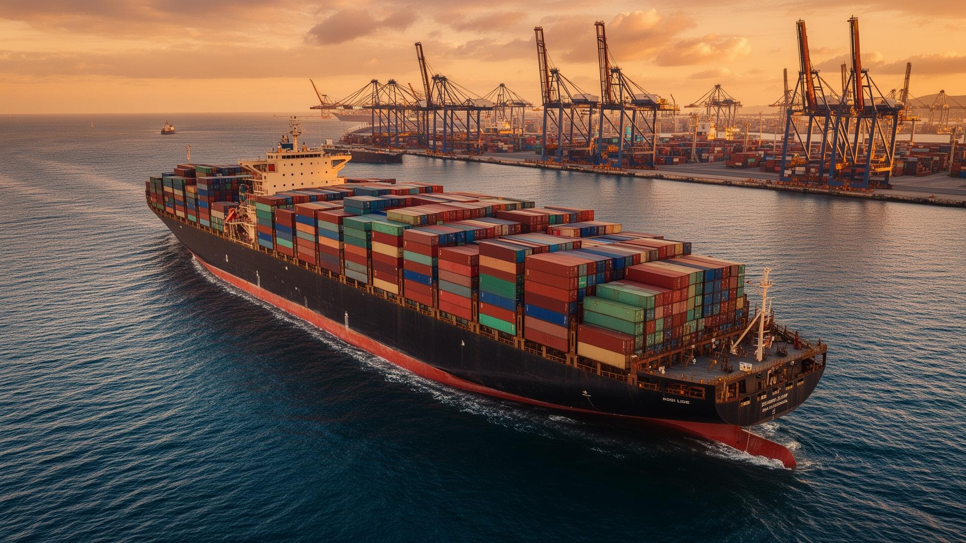 Cargo ship at port at golden hour